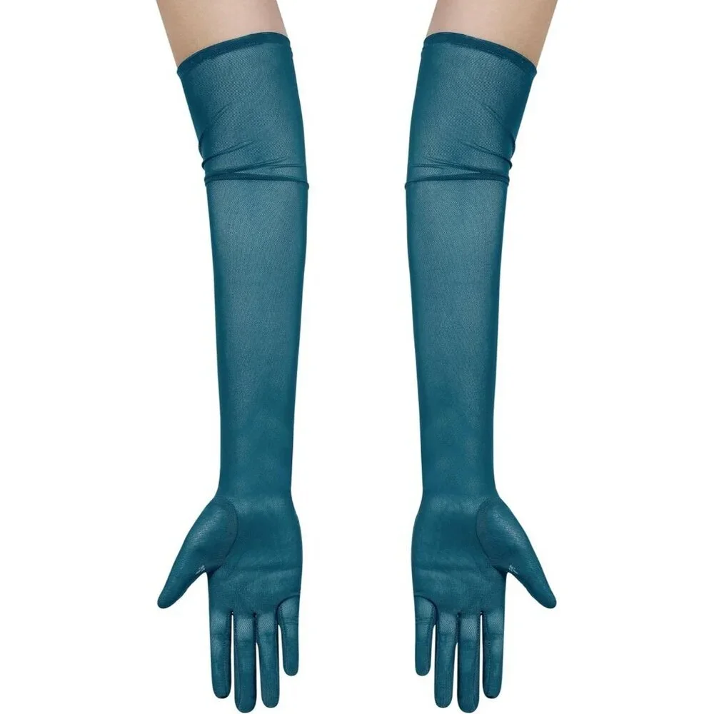 Women's Tulle Mesh Teal Long Stretchy Gloves Halloween Party Wedding Costume